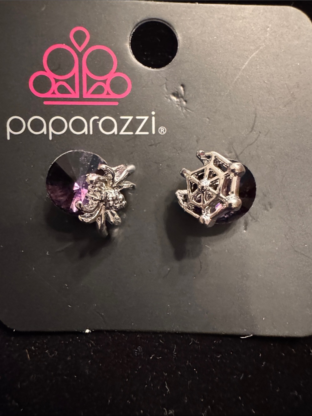 paparazzi Silver Spider & Web Purple Crystal Stud Earrings